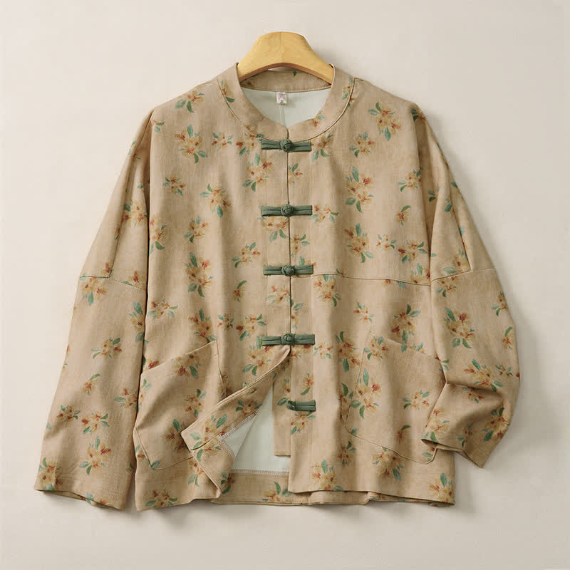 Buddha Stones Chaqueta de mujer estilo vintage Tang con botones de rana y estampado floral, con bolsillos, ideal para otoño. - Broncearse - US14, UK/AU18, EU46 (2XL) - image 0