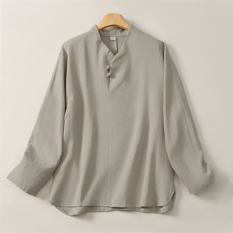 Camisas de manga larga de algodón liso para mujer, estilo Tang, informales, con cuello mandarín, con estampado de Buddha Stones para primavera y otoño. - Beige - US16, UK/AU20, EU48 (5XL) - image 8