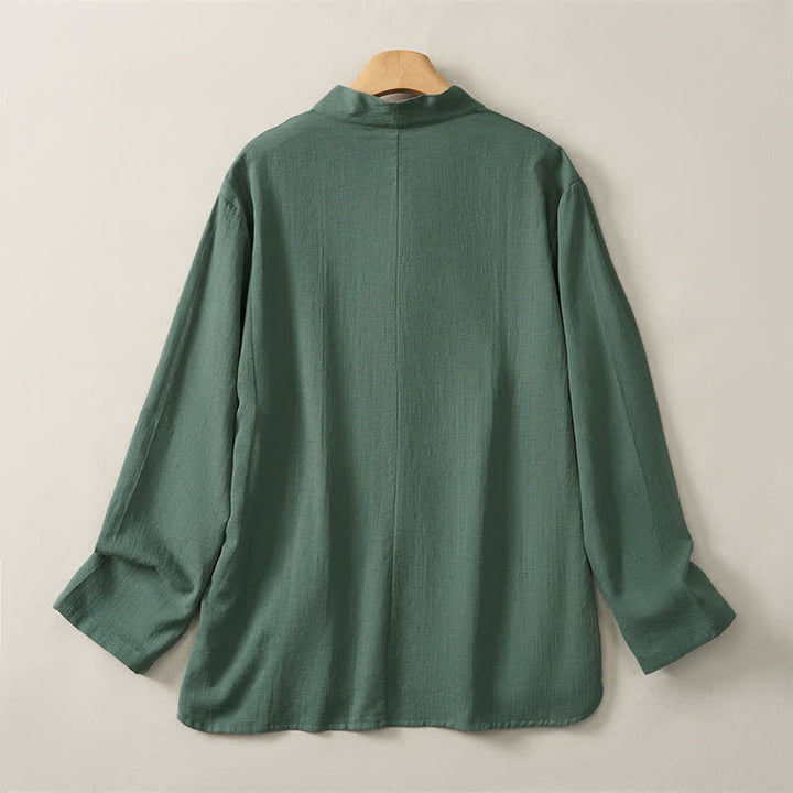 Camisas de manga larga de algodón liso para mujer, estilo Tang, informales, con cuello mandarín, con estampado de Buddha Stones para primavera y otoño. - image 1