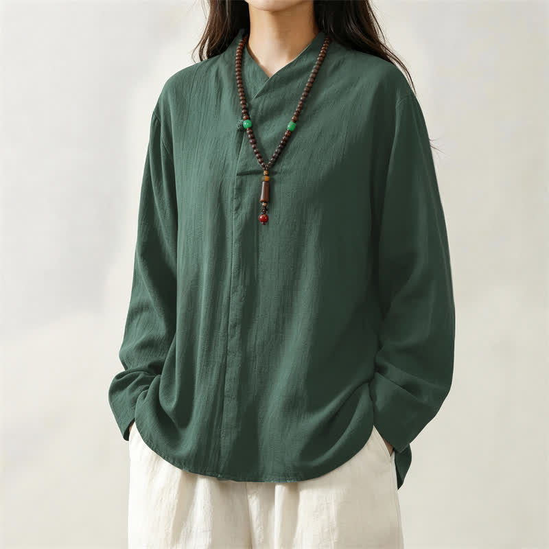Camisas de manga larga de algodón liso para mujer, estilo Tang, informales, con cuello mandarín, con estampado de Buddha Stones para primavera y otoño. - image 3