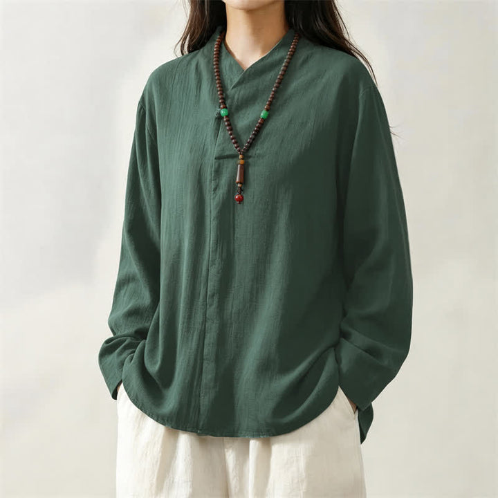 Camisas de manga larga de algodón liso para mujer, estilo Tang, informales, con cuello mandarín, con estampado de Buddha Stones para primavera y otoño. - image 3