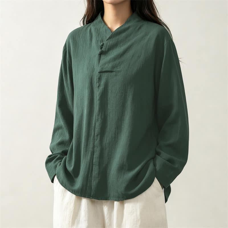 Camisas de manga larga de algodón liso para mujer, estilo Tang, informales, con cuello mandarín, con estampado de Buddha Stones para primavera y otoño. - image 2