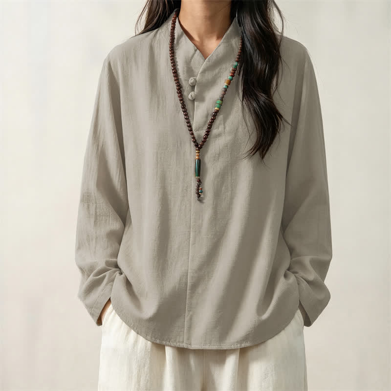 Camisas de manga larga de algodón liso para mujer, estilo Tang, informales, con cuello mandarín, con estampado de Buddha Stones para primavera y otoño. - image 11