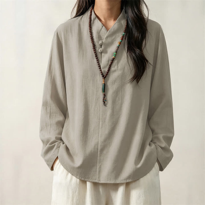 Camisas de manga larga de algodón liso para mujer, estilo Tang, informales, con cuello mandarín, con estampado de Buddha Stones para primavera y otoño. - image 11