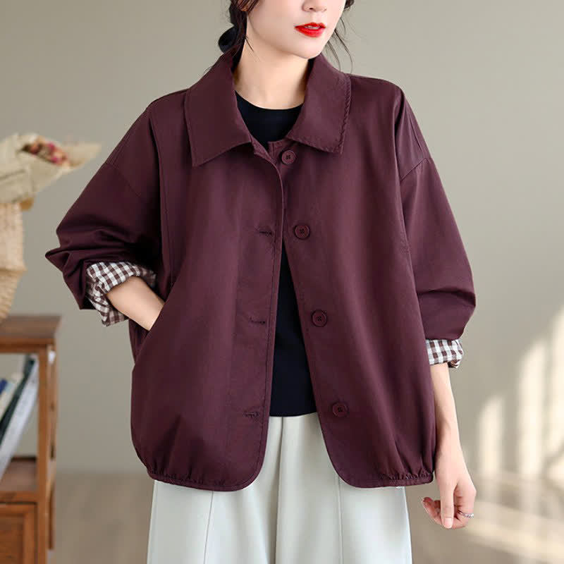 Buddha Stones Chaqueta de mujer informal de otoño, estilo vintage, con botones, estampado a cuadros liso y bolsillos. - image 12