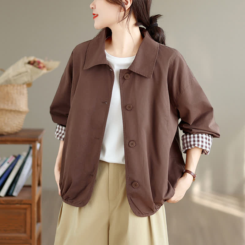 Buddha Stones Chaqueta de mujer informal de otoño, estilo vintage, con botones, estampado a cuadros liso y bolsillos. - Tierra de siena - US14, UK/AU18, EU46 (2XL) - image 0