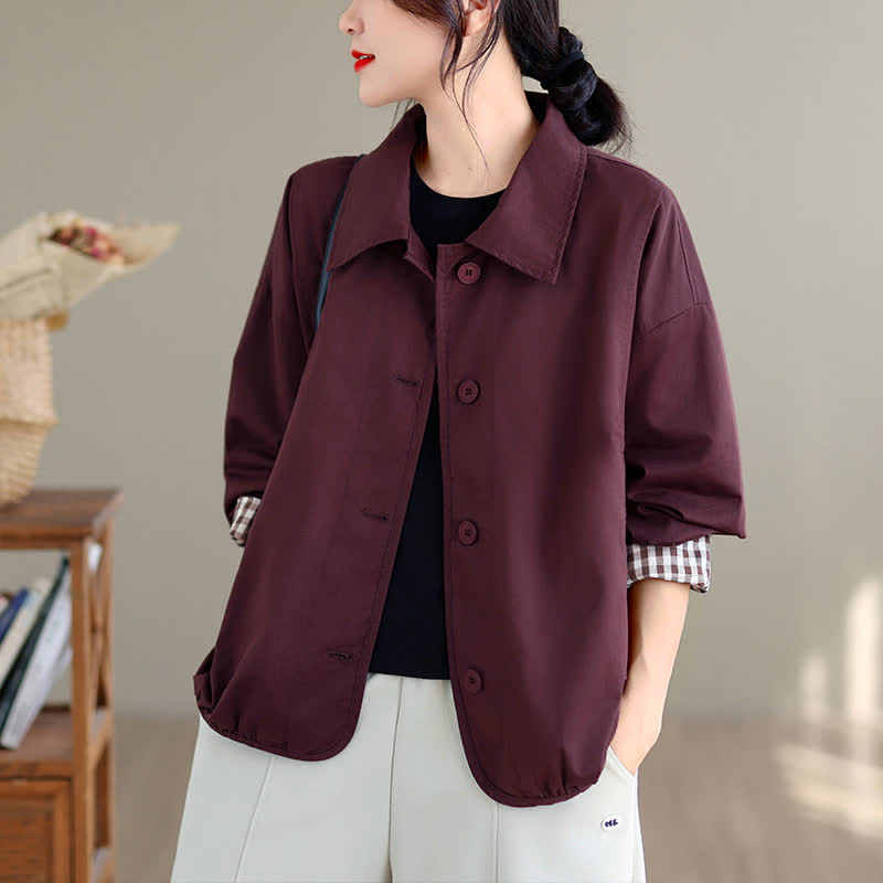 Buddha Stones Chaqueta de mujer informal de otoño, estilo vintage, con botones, estampado a cuadros liso y bolsillos. - image 18
