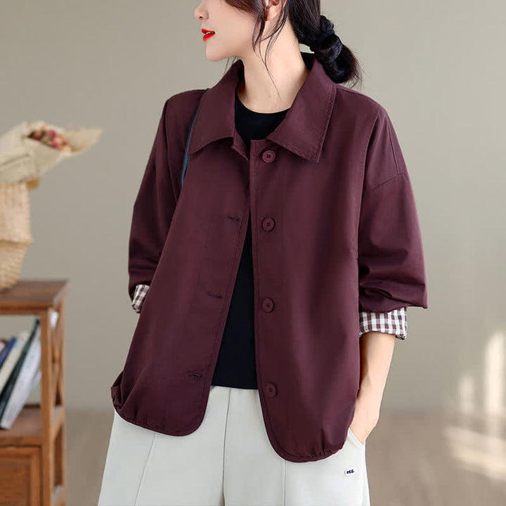 Buddha Stones Chaqueta de mujer informal de otoño, estilo vintage, con botones, estampado a cuadros liso y bolsillos. - image 18