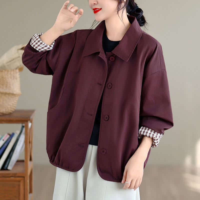 Buddha Stones Chaqueta de mujer informal de otoño, estilo vintage, con botones, estampado a cuadros liso y bolsillos. - image 15