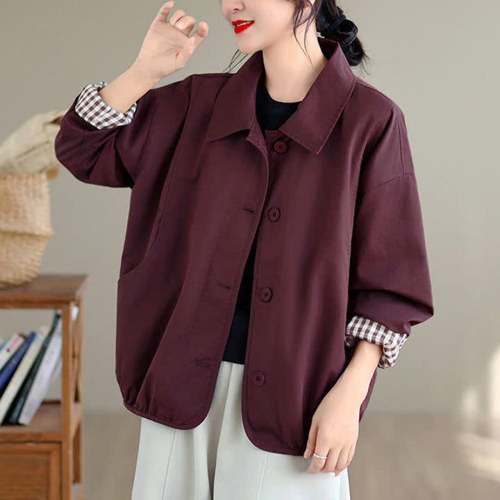 Buddha Stones Chaqueta de mujer informal de otoño, estilo vintage, con botones, estampado a cuadros liso y bolsillos. - image 15