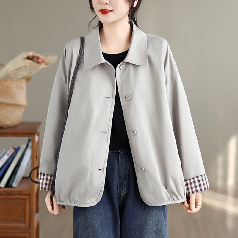 Buddha Stones Chaqueta de mujer informal de otoño, estilo vintage, con botones, estampado a cuadros liso y bolsillos. - image 25