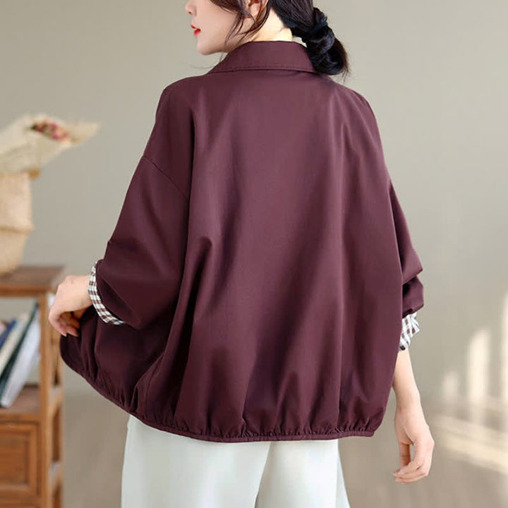 Buddha Stones Chaqueta de mujer informal de otoño, estilo vintage, con botones, estampado a cuadros liso y bolsillos. - image 16