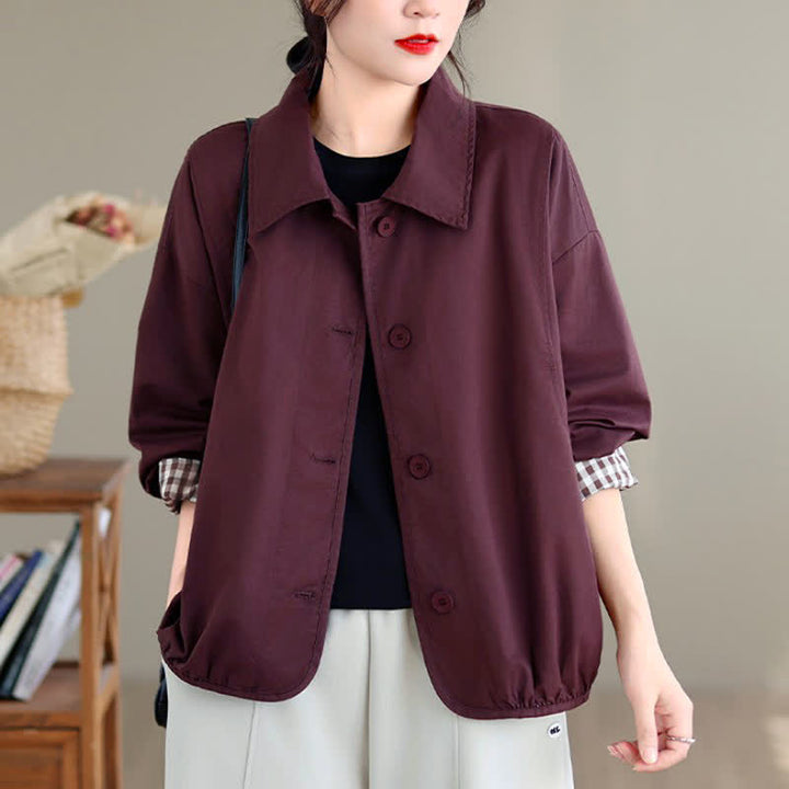 Buddha Stones Chaqueta de mujer informal de otoño, estilo vintage, con botones, estampado a cuadros liso y bolsillos. - image 17