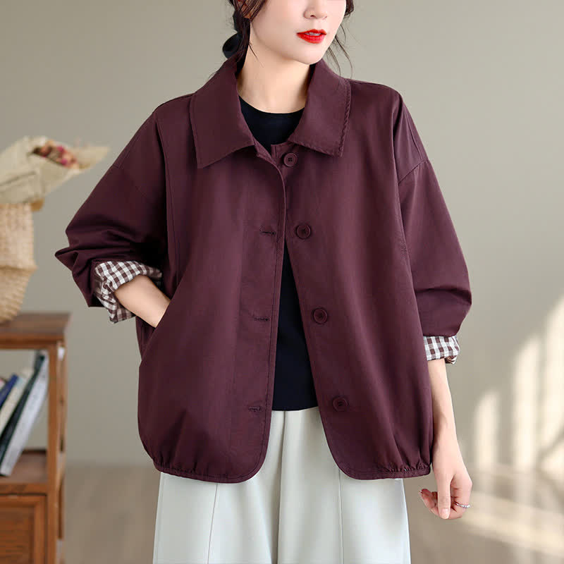 Buddha Stones Chaqueta de mujer informal de otoño, estilo vintage, con botones, estampado a cuadros liso y bolsillos. - image 14