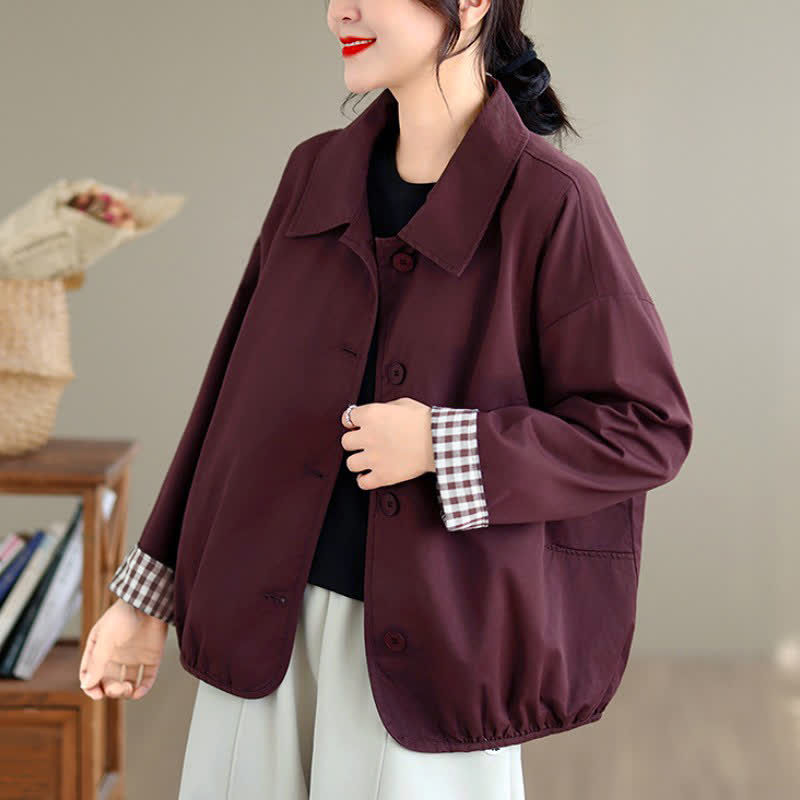 Buddha Stones Chaqueta de mujer informal de otoño, estilo vintage, con botones, estampado a cuadros liso y bolsillos. - image 19