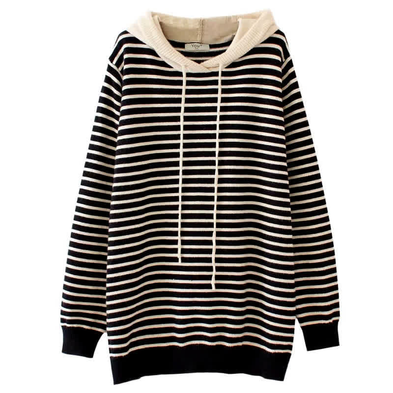 Buddha Stones Sudadera con capucha de algodón a rayas con cordón, estilo casual clásico de otoño/invierno para mujer. - image 12