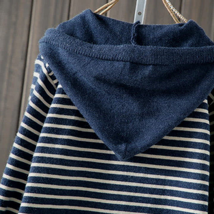 Buddha Stones Sudadera con capucha de algodón a rayas con cordón, estilo casual clásico de otoño/invierno para mujer. - image 3