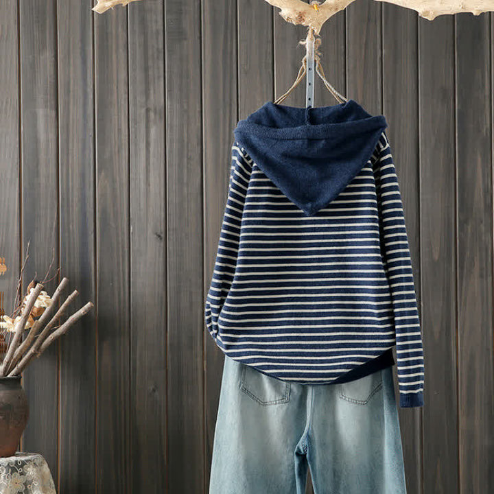Buddha Stones Sudadera con capucha de algodón a rayas con cordón, estilo casual clásico de otoño/invierno para mujer. - image 1