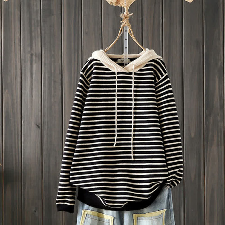 Buddha Stones Sudadera con capucha de algodón a rayas con cordón, estilo casual clásico de otoño/invierno para mujer. - Negro - US4-6, UK/AU8-10, EU36-38 (F) - image 11