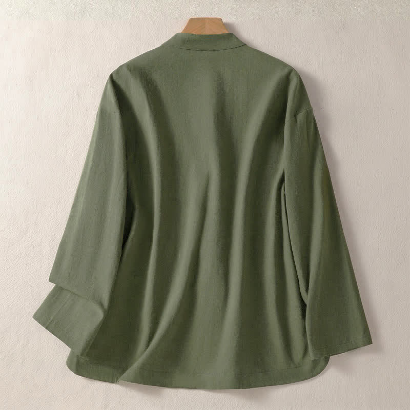 Buddha Stones Camisas de manga larga para mujer de estilo vintage Tang con botones de rana, cuello mandarín y bolsillos. - image 1