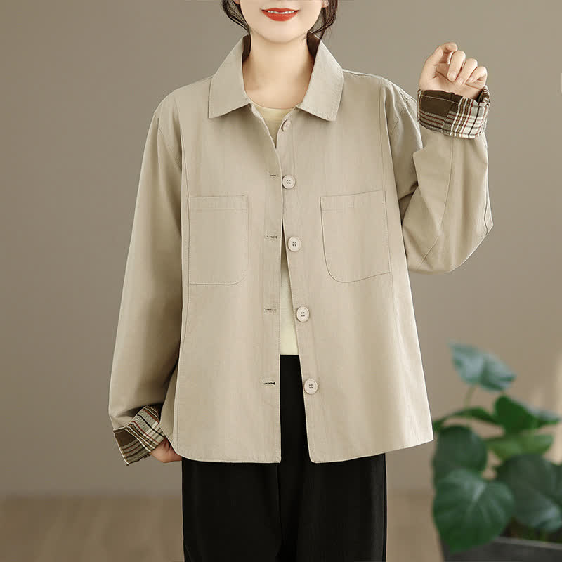Buddha Stones Chaquetas básicas minimalistas de color liso para mujer con bolsillos de parche, ideales para otoño. - image 1