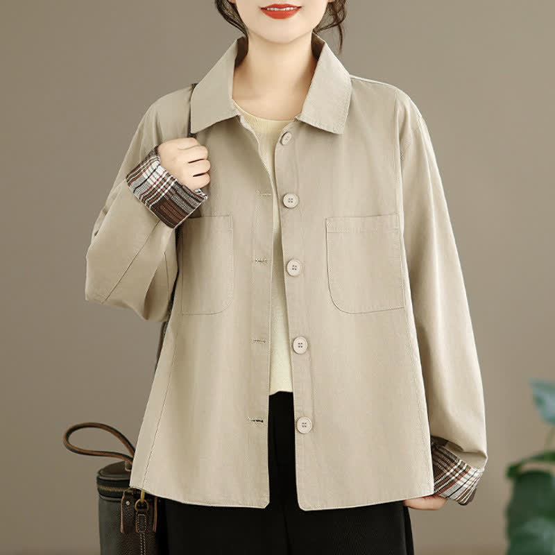 Buddha Stones Chaquetas básicas minimalistas de color liso para mujer con bolsillos de parche, ideales para otoño. - Beige - US8-10, UK/AU12-14, EU40-42 (2XL) - image 0