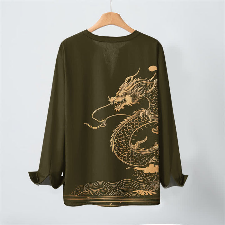 Buddha Stones Camisas de manga larga para hombre de algodón con cuello en V y estampado de ondas de dragón dorado. - image 3