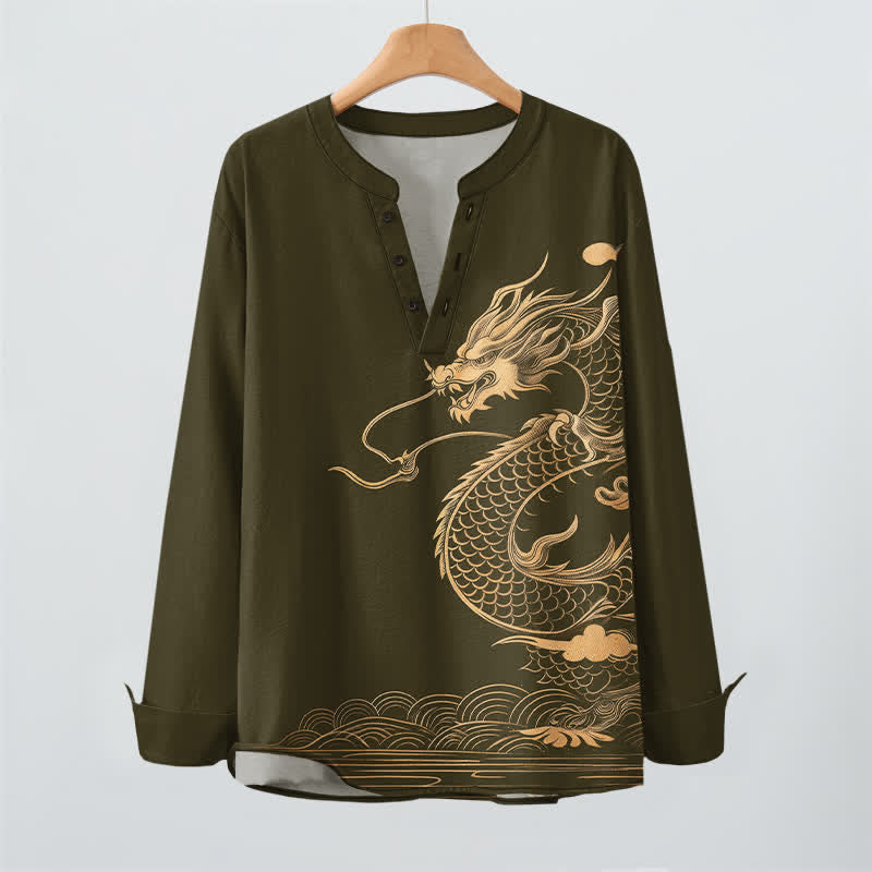 Buddha Stones Camisas de manga larga para hombre de algodón con cuello en V y estampado de ondas de dragón dorado. - image 2