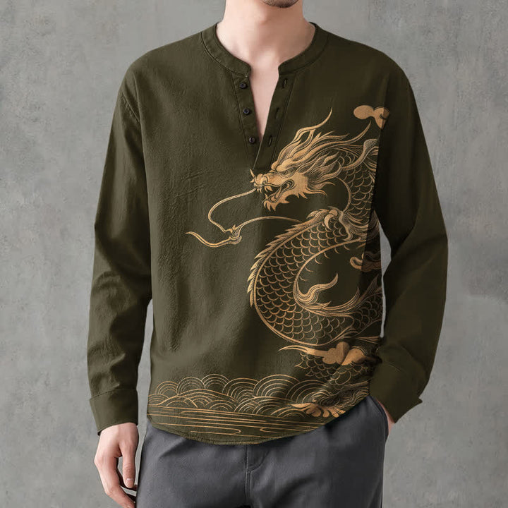 Buddha Stones Camisas de manga larga para hombre de algodón con cuello en V y estampado de ondas de dragón dorado. - Verde oliva oscuro - US/UK/AU48, UE58 (4XL) - image 0