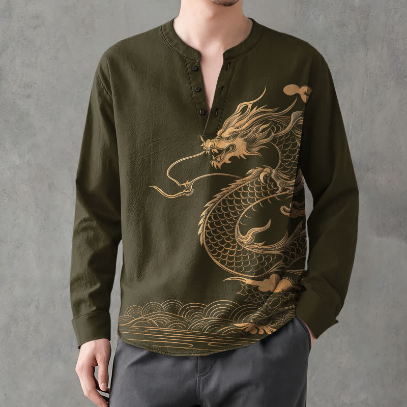 Buddha Stones Camisas de manga larga para hombre de algodón con cuello en V y estampado de ondas de dragón dorado. - Verde oliva oscuro - US/UK/AU48, UE58 (4XL) - image 0