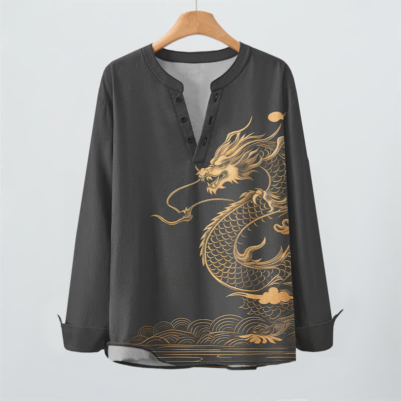 Buddha Stones Camisas de manga larga para hombre de algodón con cuello en V y estampado de ondas de dragón dorado. - image 9