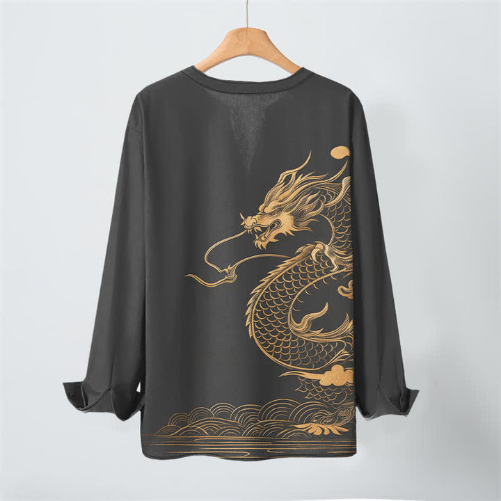 Buddha Stones Camisas de manga larga para hombre de algodón con cuello en V y estampado de ondas de dragón dorado. - image 10