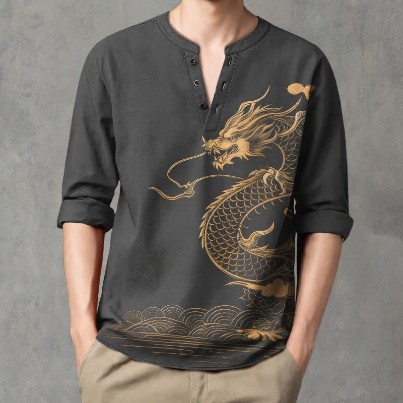 Buddha Stones Camisas de manga larga para hombre de algodón con cuello en V y estampado de ondas de dragón dorado. - image 8