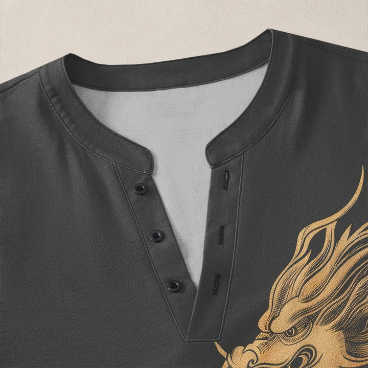 Buddha Stones Camisas de manga larga para hombre de algodón con cuello en V y estampado de ondas de dragón dorado. - image 11