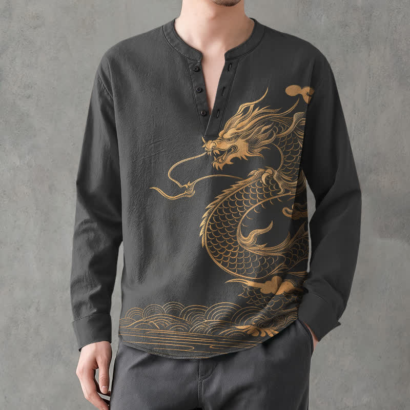 Buddha Stones Camisas de manga larga para hombre de algodón con cuello en V y estampado de ondas de dragón dorado. - Gris oscuro - US/UK/AU48, UE58 (4XL) - image 7