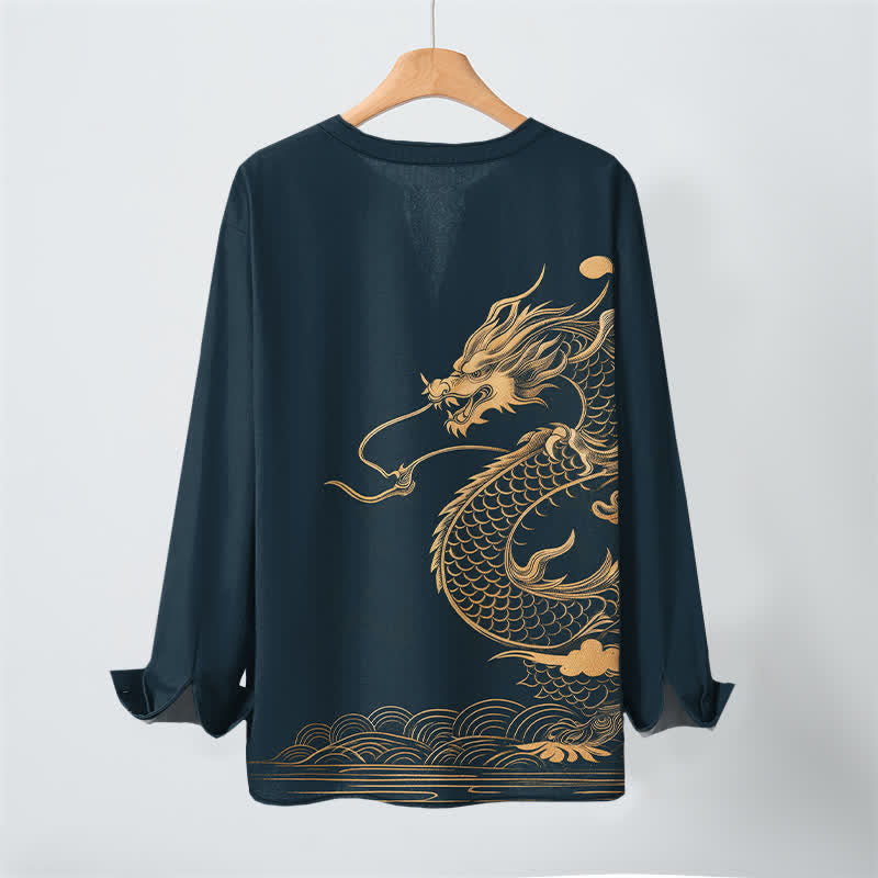 Buddha Stones Camisas de manga larga para hombre de algodón con cuello en V y estampado de ondas de dragón dorado. - image 17