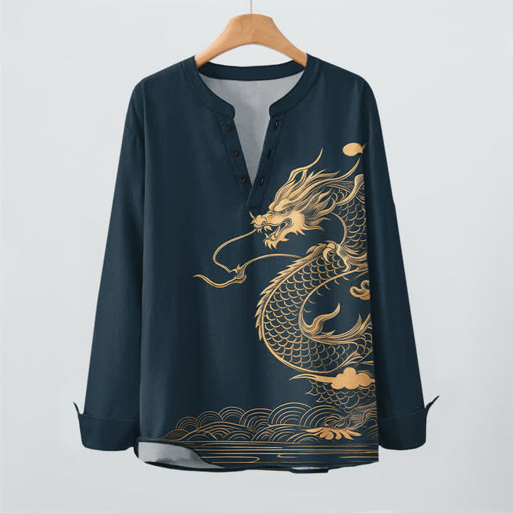 Buddha Stones Camisas de manga larga para hombre de algodón con cuello en V y estampado de ondas de dragón dorado. - image 16