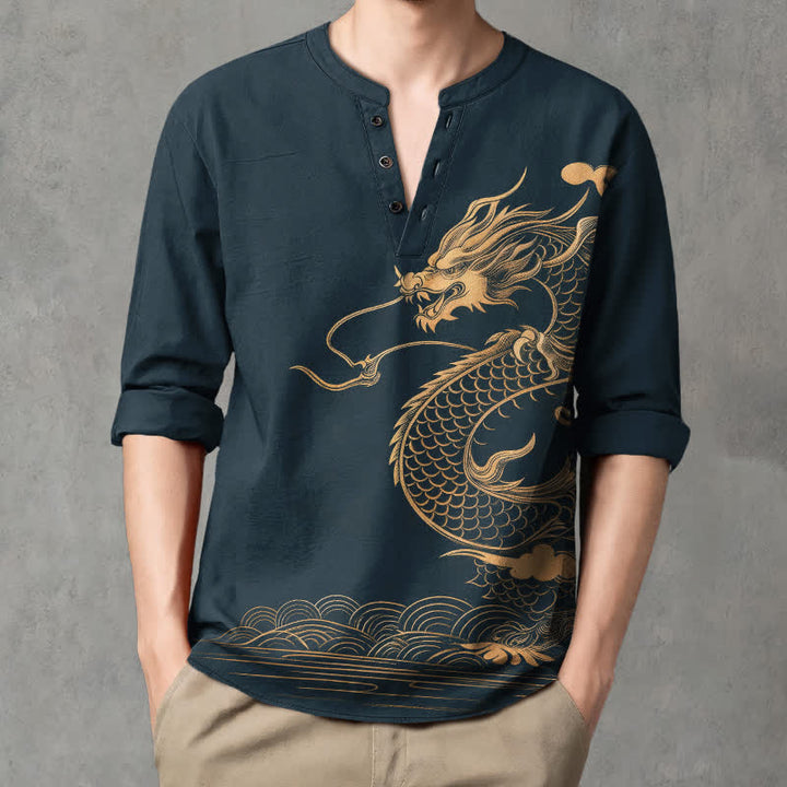 Buddha Stones Camisas de manga larga para hombre de algodón con cuello en V y estampado de ondas de dragón dorado. - image 15