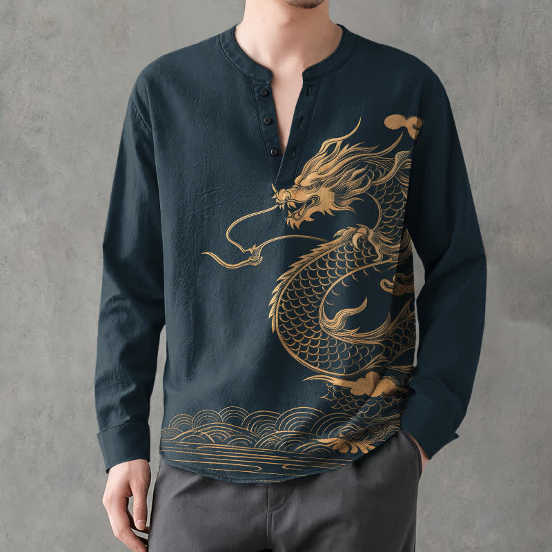 Buddha Stones Camisas de manga larga para hombre de algodón con cuello en V y estampado de ondas de dragón dorado. - Marina de guerra - US/UK/AU48, UE58 (4XL) - image 14
