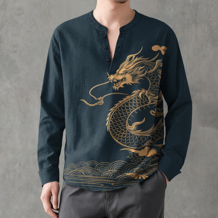 Buddha Stones Camisas de manga larga para hombre de algodón con cuello en V y estampado de ondas de dragón dorado. - Marina de guerra - US/UK/AU48, UE58 (4XL) - image 14