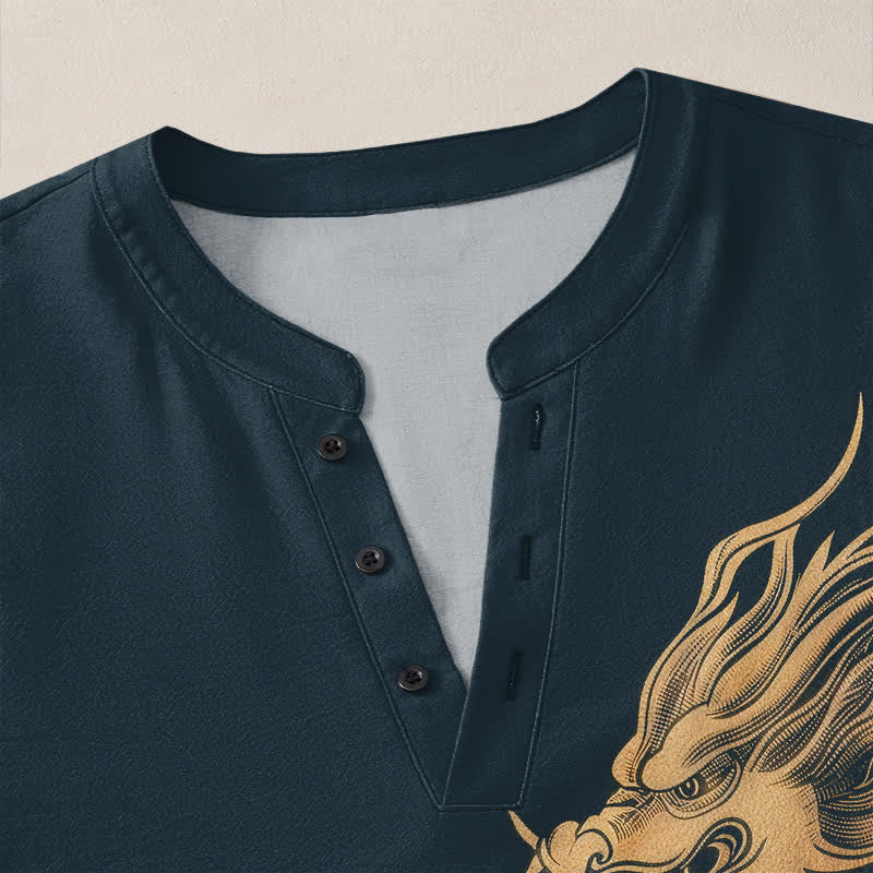 Buddha Stones Camisas de manga larga para hombre de algodón con cuello en V y estampado de ondas de dragón dorado. - image 18