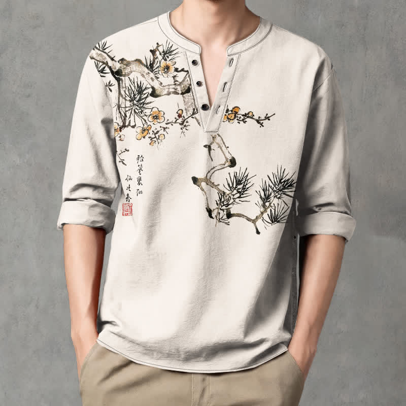 Buddha Stones Camisas de manga larga para hombre con cuello en V y estampado de flores amarillas de pino, color algodón. - Lino - US/UK/AU48, UE58 (4XL) - image 0