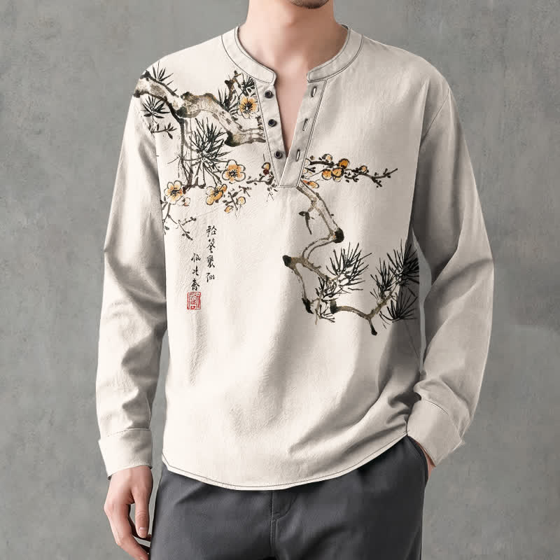 Buddha Stones Camisas de manga larga para hombre con cuello en V y estampado de flores amarillas de pino, color algodón. - image 1