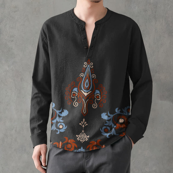 Buddha Stones Camisas de manga larga para hombre de algodón con cuello en V, estampado geométrico multicolor tribal y botones. - Negro - US/UK/AU48, UE58 (4XL) - image 7