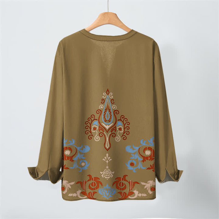 Buddha Stones Camisas de manga larga para hombre de algodón con cuello en V, estampado geométrico multicolor tribal y botones. - image 17