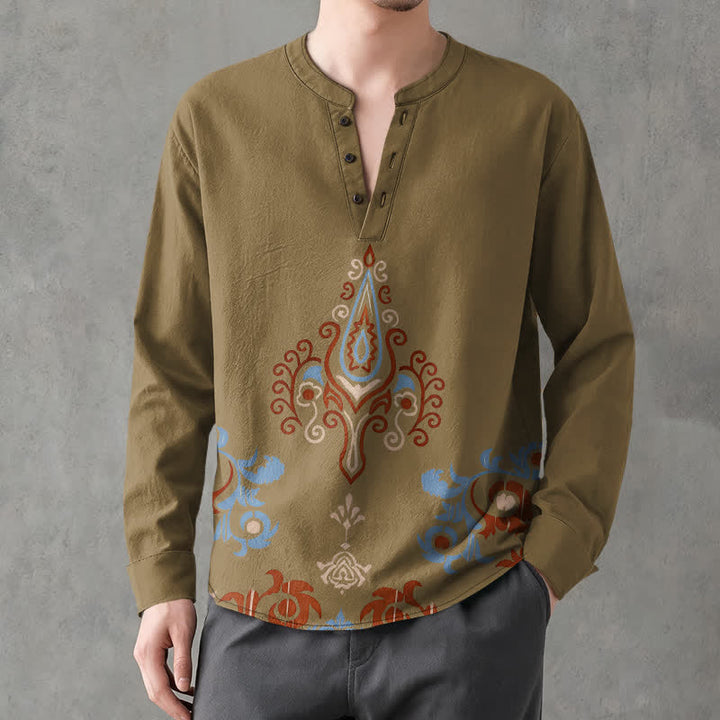 Buddha Stones Camisas de manga larga para hombre de algodón con cuello en V, estampado geométrico multicolor tribal y botones. - Aceituna - US/UK/AU48, UE58 (4XL) - image 14