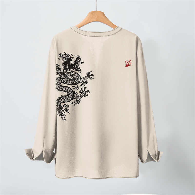 Buddha Stones Camisas de manga larga para hombre con cuello en V y botones, estampado de dragones de algodón. - image 3