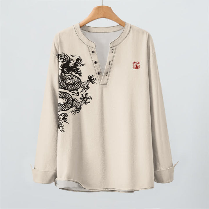 Buddha Stones Camisas de manga larga para hombre con cuello en V y botones, estampado de dragones de algodón. - image 2