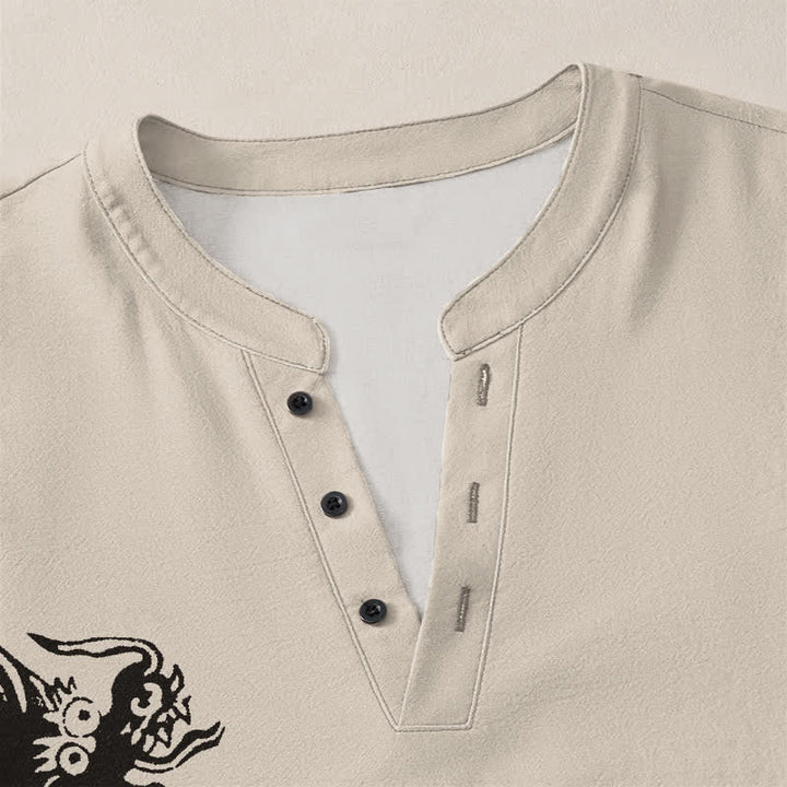 Buddha Stones Camisas de manga larga para hombre con cuello en V y botones, estampado de dragones de algodón. - image 4