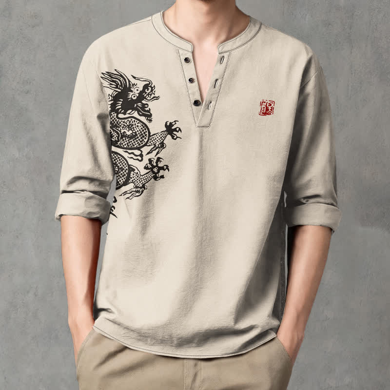 Buddha Stones Camisas de manga larga para hombre con cuello en V y botones, estampado de dragones de algodón. - Beige - US/UK/AU48, UE58 (4XL) - image 0